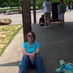 Steph waiting for the bus to the caves